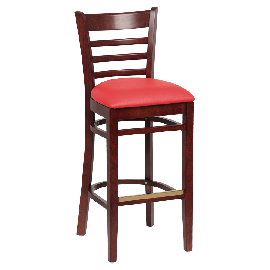 superior-equipment-supply - ROYAL - Royal Industries Ladder Back Walnut Finish Wood Bar Stool Red Vinyl Cushion Seat