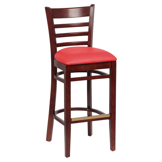 superior-equipment-supply - ROYAL - Royal Industries Ladder Back Walnut Finish Wood Bar Stool Red Vinyl Cushion Seat