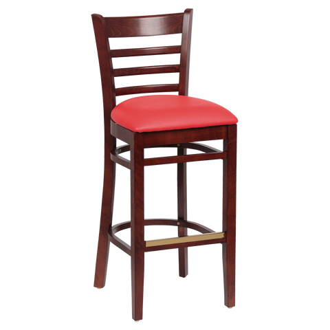 superior-equipment-supply - ROYAL - Royal Industries Ladder Back Walnut Finish Wood Bar Stool Red Vinyl Cushion Seat