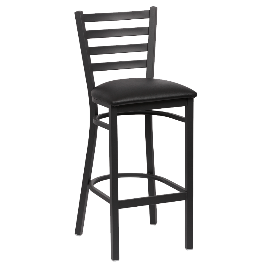 superior-equipment-supply - Royal Industries - Royal Industries Ladder Back Matte Black Finish Metal Frame Bar Stool Black Vinyl Cushion Seat