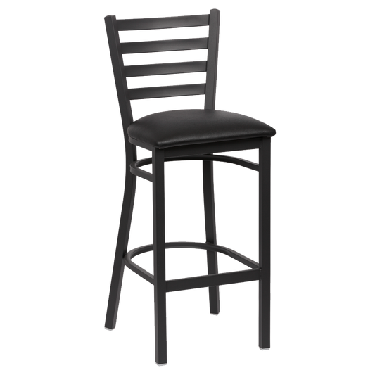 superior-equipment-supply - Royal Industries - Royal Industries Ladder Back Matte Black Finish Metal Frame Bar Stool Black Vinyl Cushion Seat