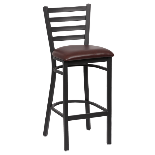 superior-equipment-supply - Royal Industries - Royal Industries Ladder Back Matte Black Finish Metal Frame Bar Stool Brown Vinyl Cushion Seat