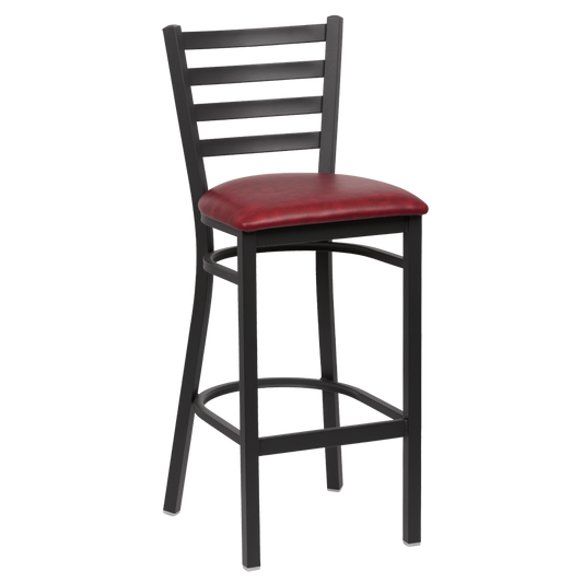 superior-equipment-supply - Royal Industries - Royal Industries Ladder Back Matte Black Finish Metal Frame Bar Stool Crimson Vinyl Cushion Seat