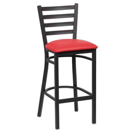 superior-equipment-supply - Royal Industries - Royal Industries Ladder Back Matte Black Finish Metal Frame Bar Stool Red Vinyl Cushion Seat