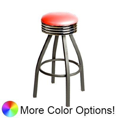 Oak Street Backless Retro Upholstered Swivel Bar Stool 31"H x 14.5"W Red Vinyl Chrome Band Metal Base Metal Bar Bearings With Ring Basese Metal Bar Bearings With Ring Base