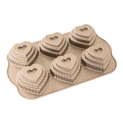 Nordic Ware Tiered Heart Cakelet Pan 3 Cups Total 2.9" x 3.15" x 1.6" Cavities 3" x 3" Golden Brown Cast Aluminum