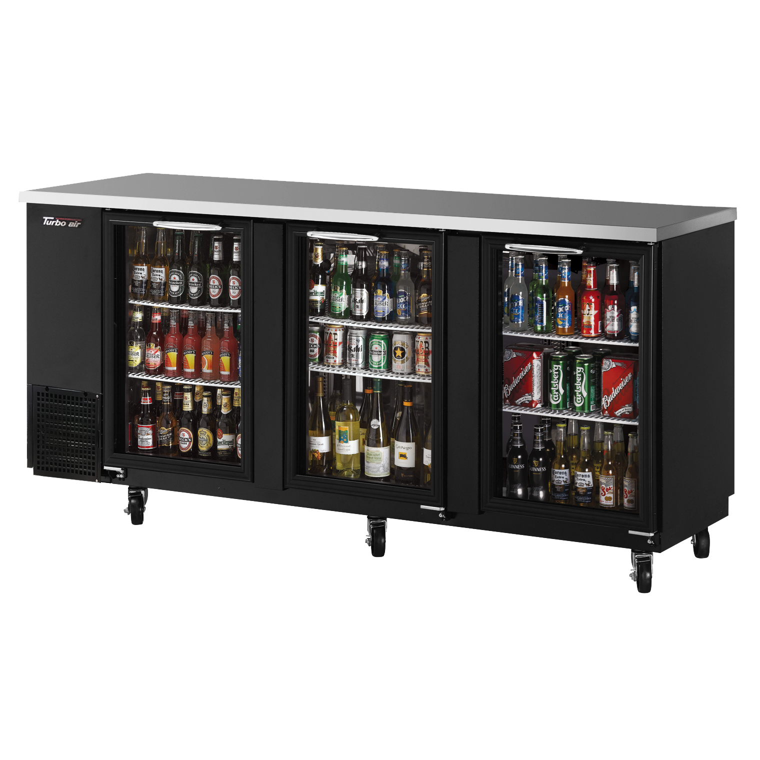 superior-equipment-supply - Turbo Air - Turbo Air Black Vinyl Coated Steel Three Section Narrow Back Bar Cooler With Glass Doors
