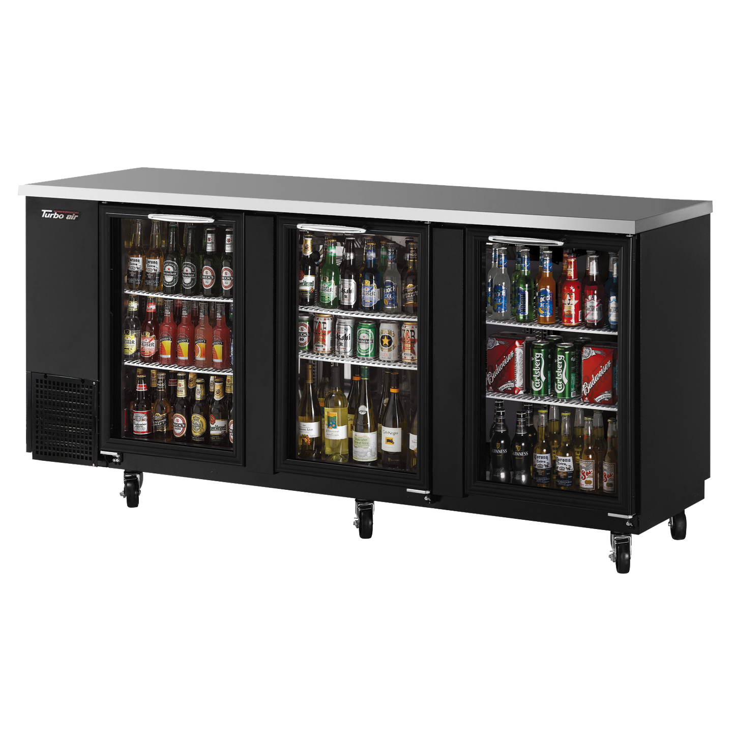 superior-equipment-supply - Turbo Air - Turbo Air Black Vinyl Coated Steel Three Section Narrow Back Bar Cooler With Glass Doors