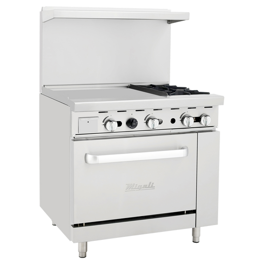 superior-equipment-supply - Migali - Migali 36"W Stainless Steel Liquid Propane Two Burner Restaurant Range with 24" Griddle