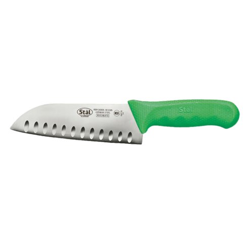 Santoku Knife Stamped Granton Edge 7" No-Stain German Steel Blade with Green Polypropylene Handle 11-3/4" O.A.L.
