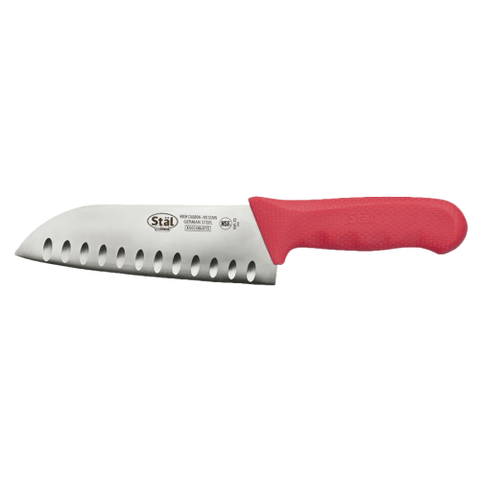 Santoku Knife Stamped Granton Edge 7" No-Stain German Steel Blade with Red Polypropylene Handle 11-3/4" O.A.L.