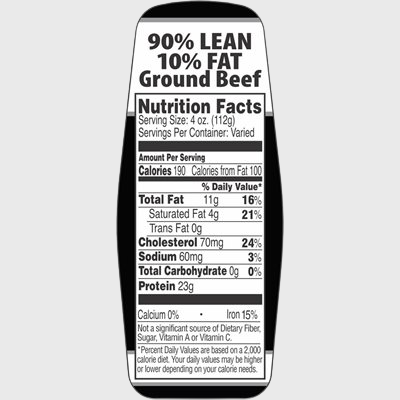 Nutritional Grind Label Ground Beef 90% / 10% With Nutritional Fact - 500/Roll
