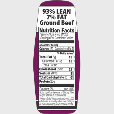 Nutritional Grind Label Ground Beef 93% / 7% With Nutritional Fact - 500/Roll