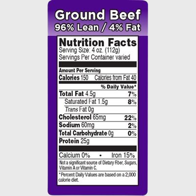 Nutritional Grind Label Ground Beef 96% Lean / 4% Fat - 1,000/Roll