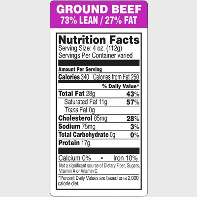 Nutritional Grind Label Ground Beef 73% Lean / 27% Fat - 1,000/Roll