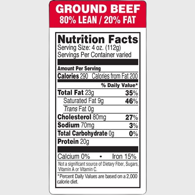 Nutritional Grind Label Ground Beef 80% Lean / 20% Fat  - 1,000/Roll