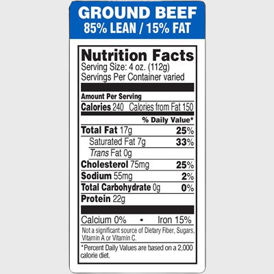 Nutritional Grind Label Ground Beef 85% Lean / 15% Fat - 1,000/Roll