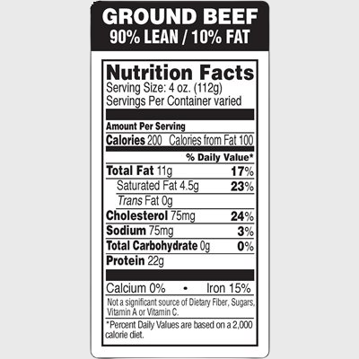 Nutritional Grind Label Ground Beef 90% Lean / 10% Fat - 1,000/Roll