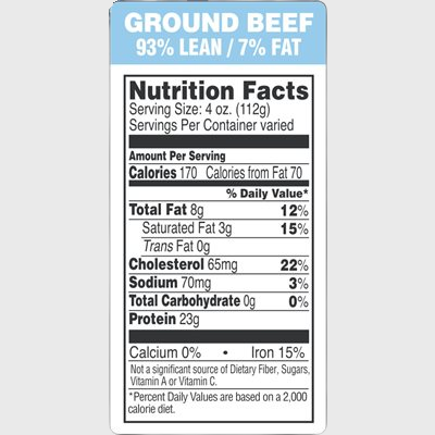 Nutritional Grind Label Ground Beef 93% Lean / 7% Fat  - 1,000/Roll