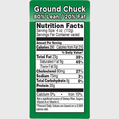 Nutritional Grind Label Ground Chuck 80% Lean / 20% Fat - 1,000/Roll