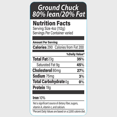Nutritional Grind Label Ground Chuck 80% Lean / 20% Fat  - 1,000/Roll
