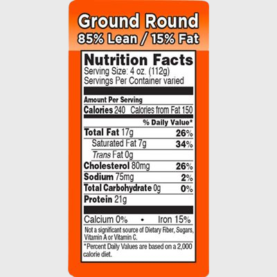 Nutritional Grind Label Ground Round 85% Lean / 15% Fat  - 1,000/Roll