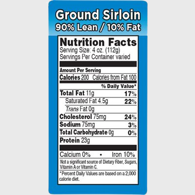 Nutritional Grind Label Ground Sirloin 90% Lean / 10% Fat  - 1,000/Roll