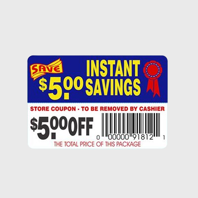 Coupon And Discount Label Instant Savings-$5.00 Off Tear Off - 250/Roll