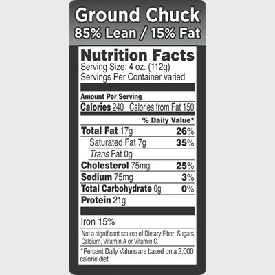 Nutritional Grind Label Ground Chuck 85% Lean / 15% Fat - 1,000/Roll