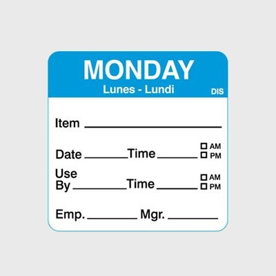 ﻿Dissolvable Label Shelf Life Day of Week Monday - 250/Roll