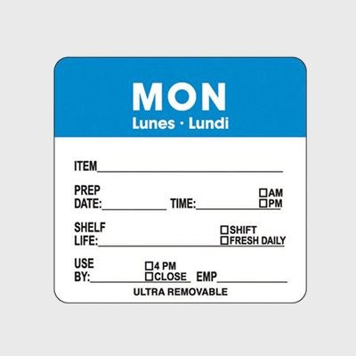 Ultra Removable Label Mon Lunes Lundi Prep / Use By - 500/Roll