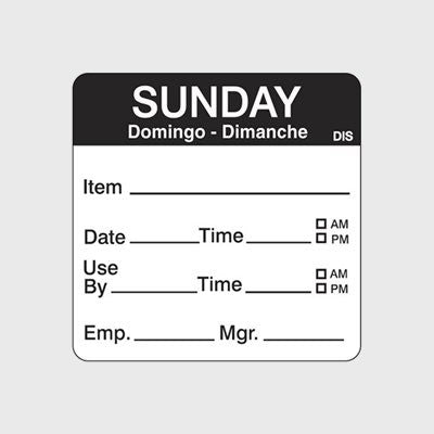 Dissolvable Label Shelf Life Day of Week Sunday - 250/Roll