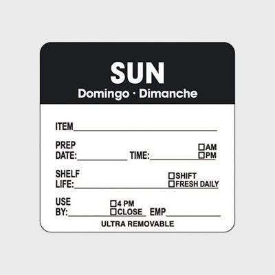 Ultra Removable Label Sun Domingo Dimanche Prep / Use By - 500/Roll