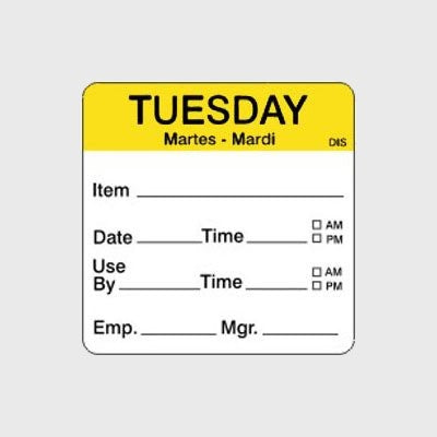 ﻿Dissolvable Label Shelf Life Day of Week Tuesday - 250/Roll